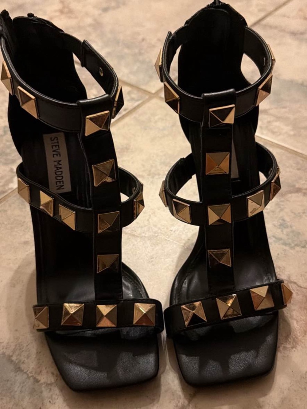 Steve Madden Black Heeled Sandals with Gold Pyramid Studs